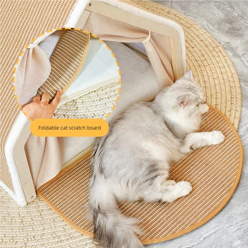 Cat Tent Villa Pet Bed, All-Season Dual-Use Cozy House, Half-Enclosed Wooden Cat Bed, Durable Sisterial No Scraps Drop Cat House