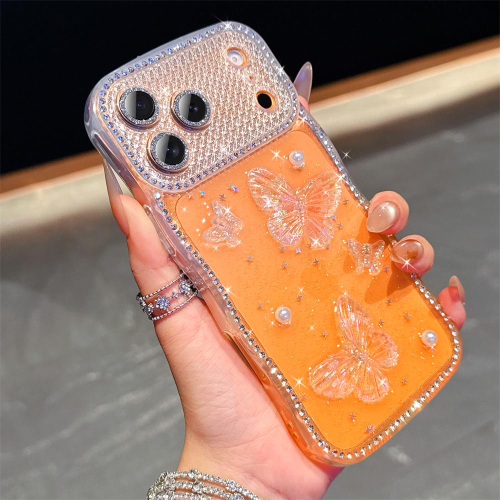 Glitter Rhinestone Shiny 3D Butterfly Case For iPhone 17 16 15 14 13Pro Max Plus Air Diamond Bling Sparkle Lens Film Clear Cover