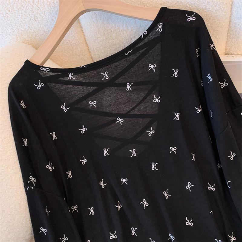 Women's Summer Long Sleeved Thin Cross Hollow Backless Top with Butterfly Print Slightly Transparent Lady T-shirt