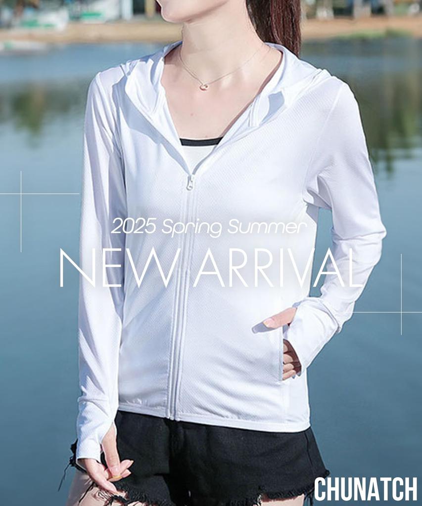 Chunach Lightweight Rash Guard with UV Full Sun and Cooling Features with Thumb Holes for and Perfect for Outdoor and White Women's Protection, Zip,