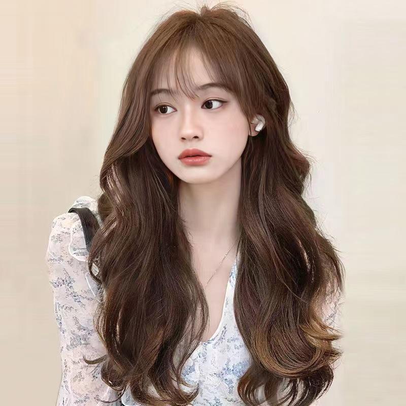 Trendy Long Curly Wig with Air Bangs - Realistic Fluffy Waves for a Fashionable Look