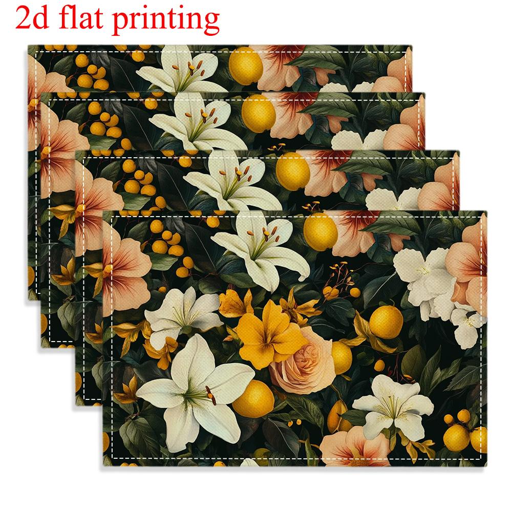 4pcs 2D FLAT Digital Print Placemats, Floral Lemon Combination Pattern Printed Placemats, To Make Your Dining Room More Beautiful, Perfect for Coffee