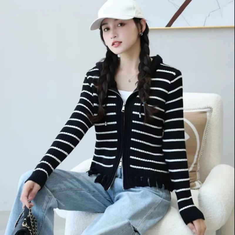 Casual Korean Stripe Hooded Knitted Cardigan Sweater Women Autumn