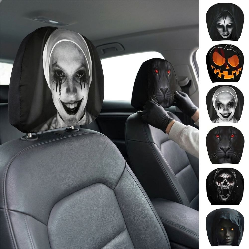 2Pcs Elastic Spooky Face Auto Headrest Sleeve Scary Nun Skull Auto Headrest Wrap Car Accessories