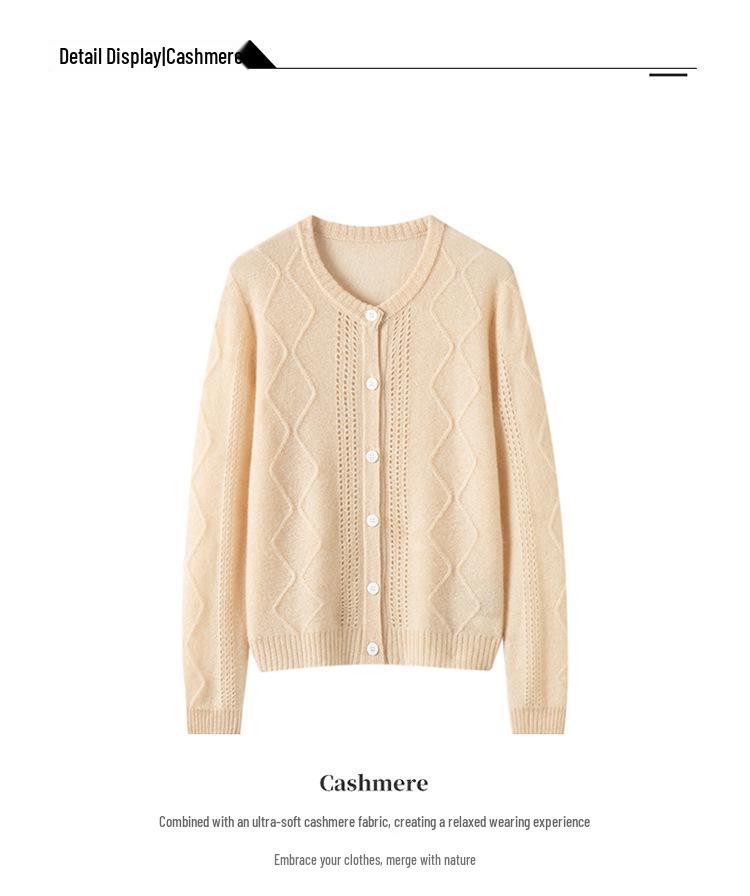 Pure Cashmere Women's V-Neck Cardigan with Elegant Hollow Diamond Pattern for Autumn/Winter