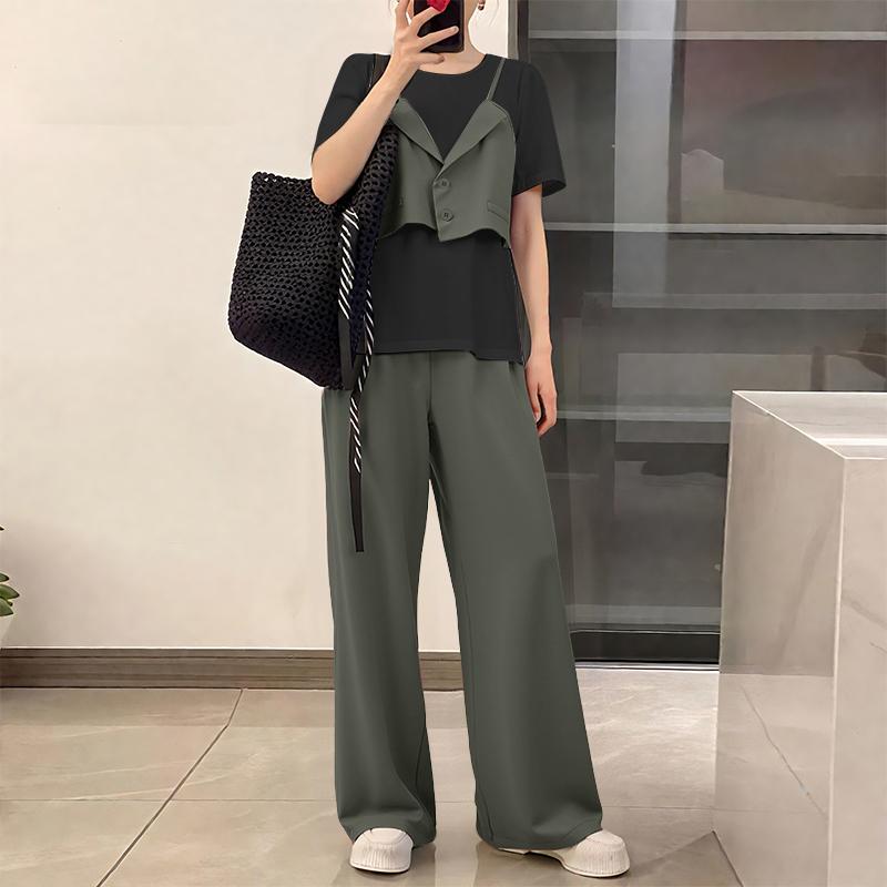 

ZANZEA Женский лоскутный блузон с коротким рукавом и брюки Летние костюмы-двойки 2XL серый