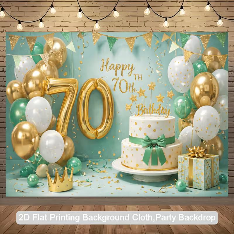 

2D 70th Birthday Party Backdrop Teal Gold Glitter Balloon and Cake Photo Background 47.2x31.5inch/120*80cm