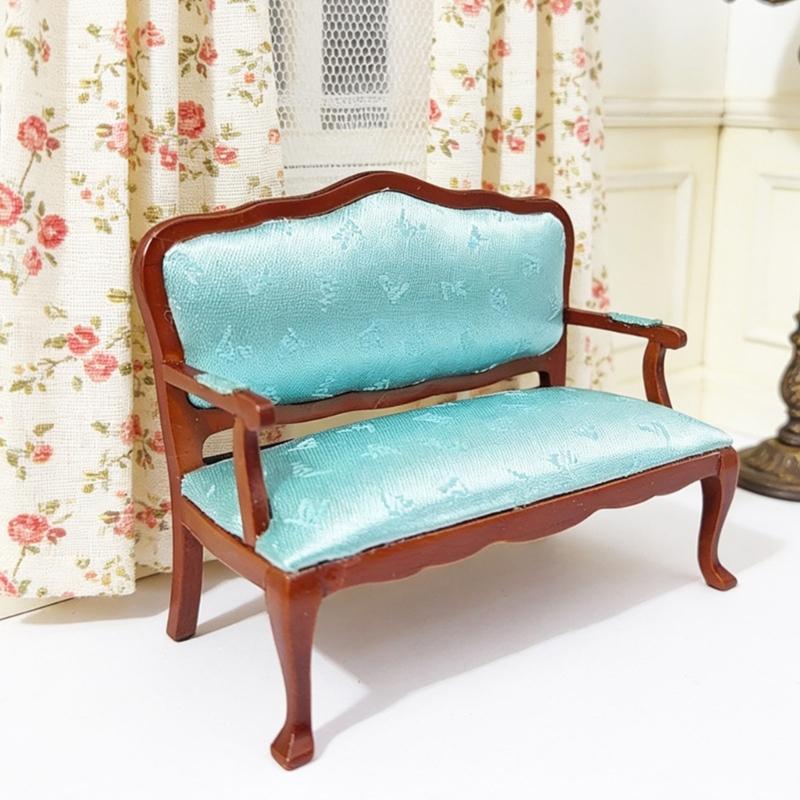 Elegant Blue Floral 1:12 Scale Miniature Sofa Armchair Model Figurine Double Couch For Doll House Scene Setting Furniture