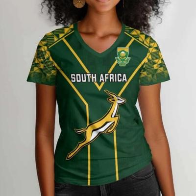 South Africa Inspired Women's Green Gold Rugby Fan Shirt V Neck Short Sleeve Match Day Supporter Casual Sportswear Summer Top