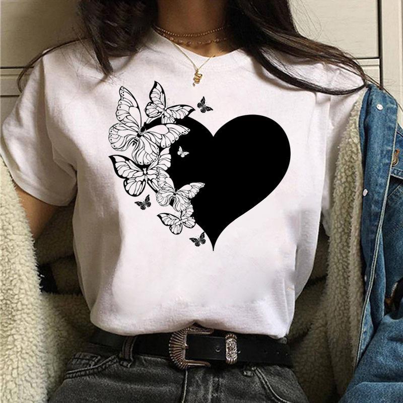 Short Sleeve Summer Fashion Women's Clothing Beautiful Watercolor Butterfly Printing White Ladies Casual Loose Personality TT-shirt
