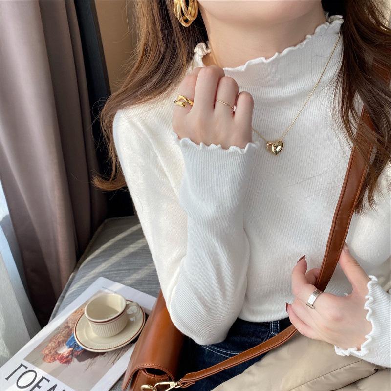 Ladies Autumn Winter Long Sleeve Ruffles Stand Collar Slim Fit Basic Solid Color Pullover Knitted T Shirt Top for Layering
