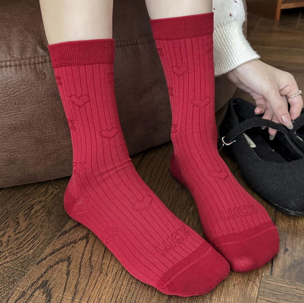 Big Red Socks Season Mid-Tube Cotton Socks Trend Dark Flower English Red Socks Wedding Red Socks