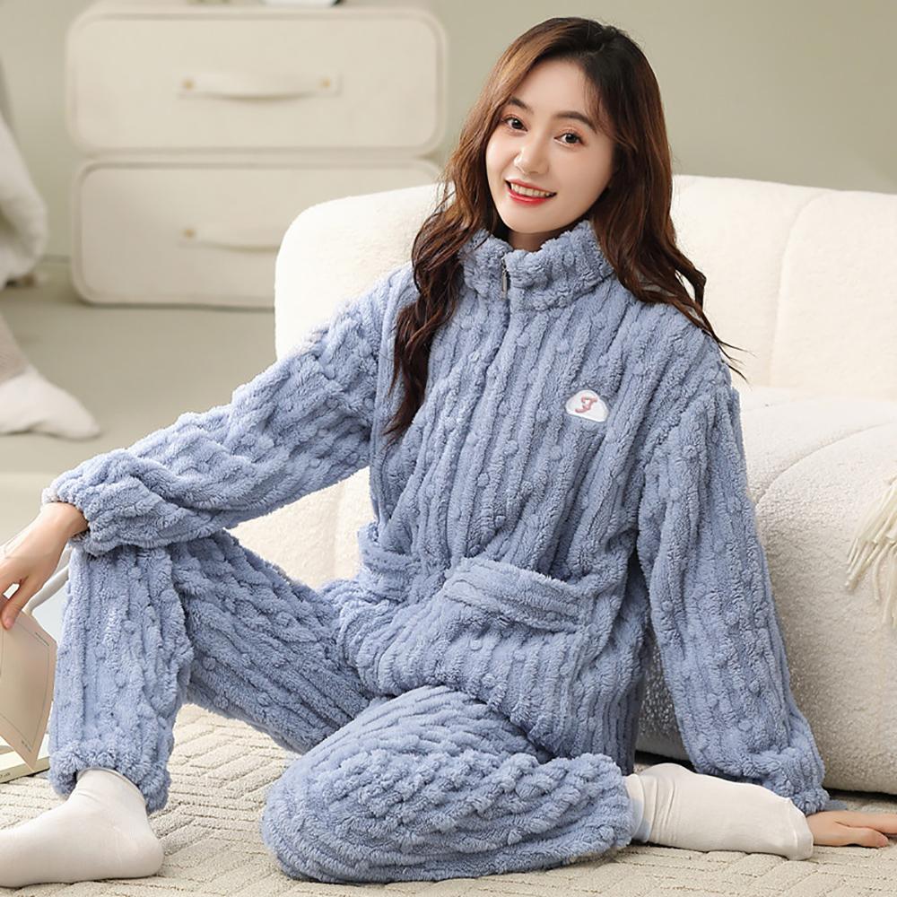 Plus Size Women's Pajamas Set Jacquard Winter Extra Thick Double Sided Flannel Warm Pajamas Smooth Zipper Pajamas Women's Pajamas