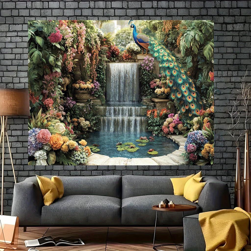1pc2D Peacock Waterfall Garden Photography Banner - Suitable for Birthdays Festivals Parties Multiple Sizes To Choose from