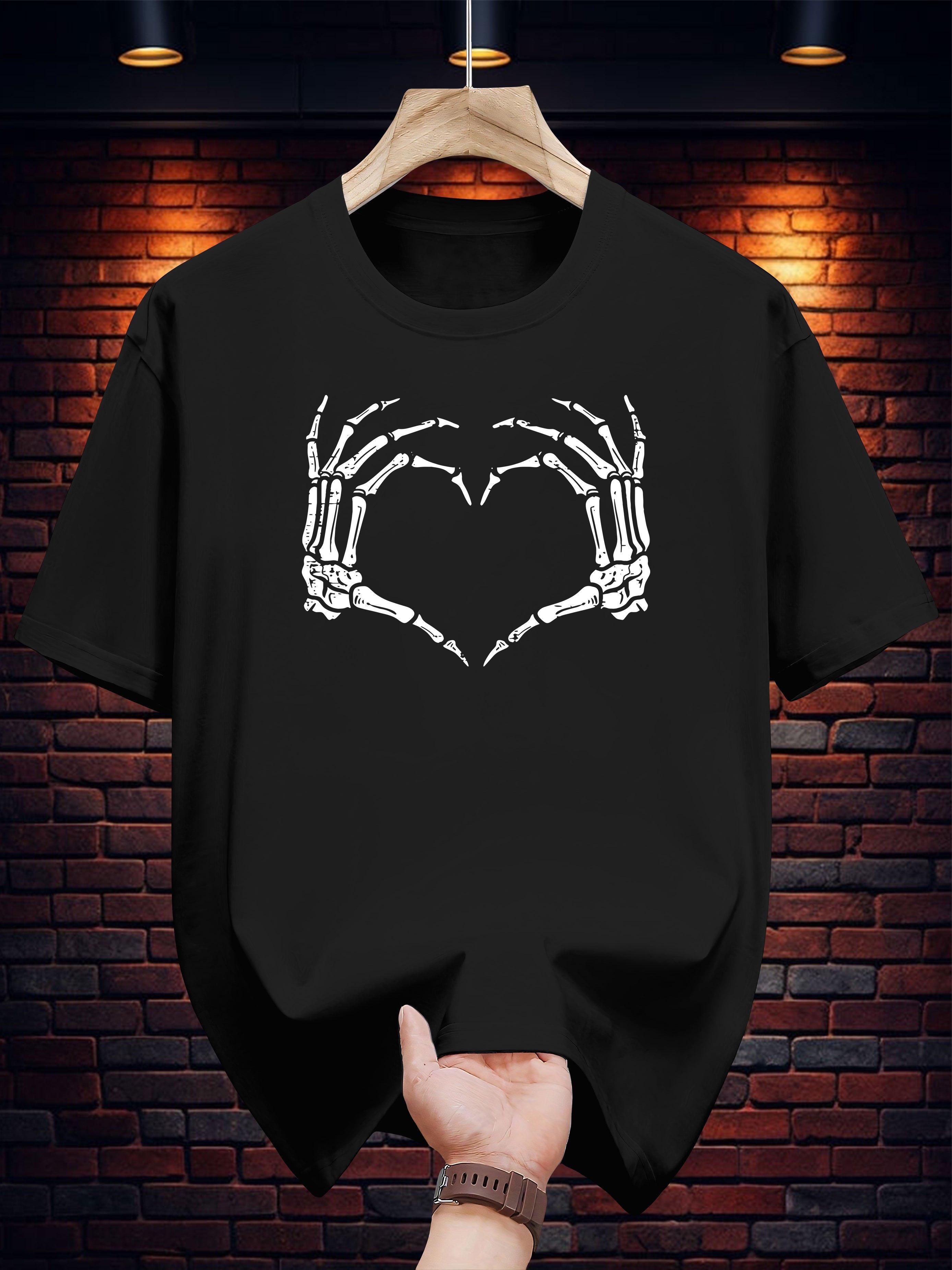 Casual Short Sleeve T-shirt with Heart Skull Print - Black XL