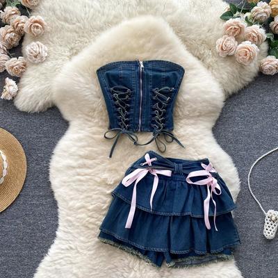 Hot Girl Denim Sweet Two Pieces Sets Women Zipper Strapless Y2K Tops Elastic Mini Culottes Female Fashion Lace Up Cross Streetwear Suits 2024