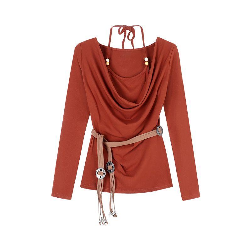 

Костюм для путешествий Женский топ с халтером и открытыми плечами, с длинными рукавами, ранняя осень, имитация двух частей, юбка в клетку гингем, комплект из двух предметов Brick red Tops + belt L