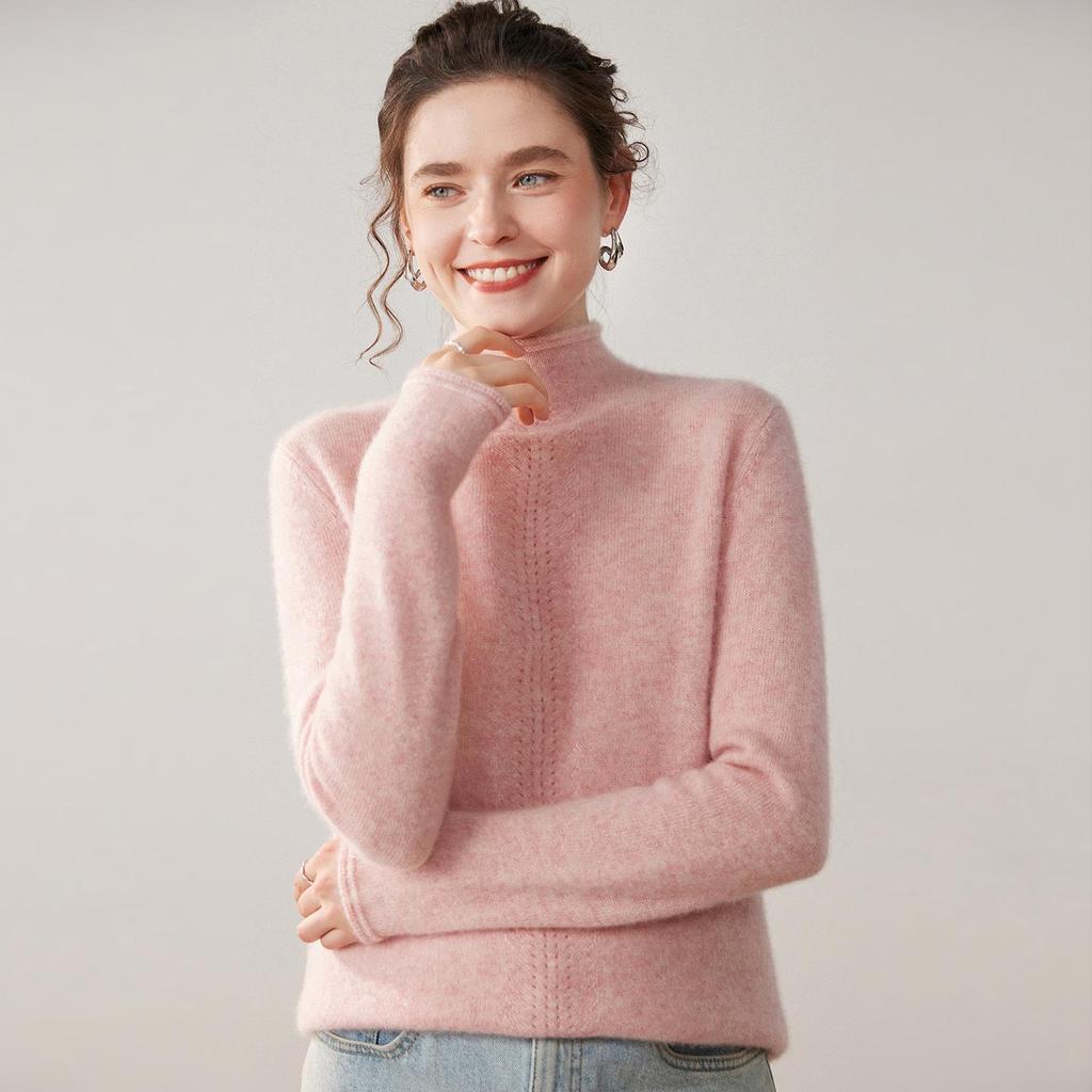 Women's Cashmere Rolled Hem High-Collar Hollow Sweater - Loose Knit Base Layer for Autumn/Winter