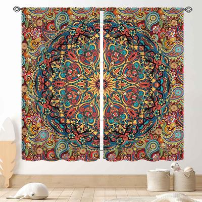 Hippie Mandala Curtains, Indian Medallion Trippy Boho Paisly Aesthetical Art Decor Colorful Orange Window Drapery Treatments For