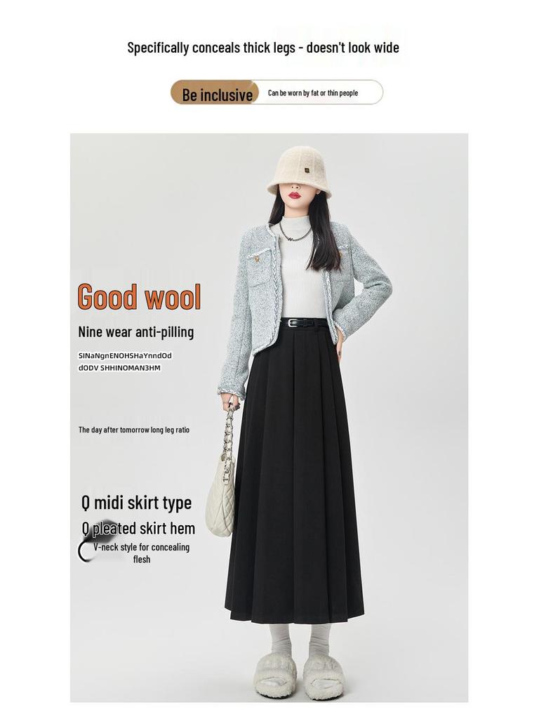 Women's 2024 High-Waisted Wool Pleated Midi Skirt – Autumn/Winter Slimming A-Line