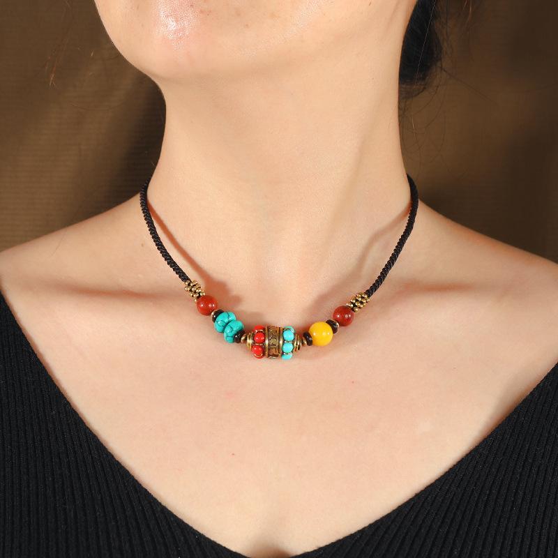 Tibetan retro Nepalese copper bead necklace women's summer woven collarbone chain middle neck chain with jewelry