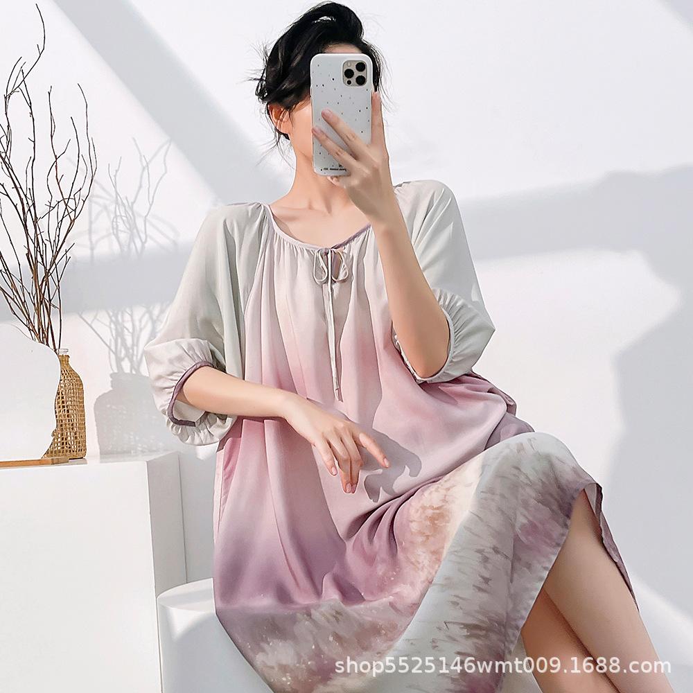 1011 Mu Zhensi's new cotton and silk summer dress loose round neck dress printed skirt nightdress vacation style