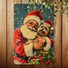 Vintage Santa Claus with Puppy Metal Tin Sign Retro Wall Art for Home Cafe Gym Garage Decor 8x12 Inch