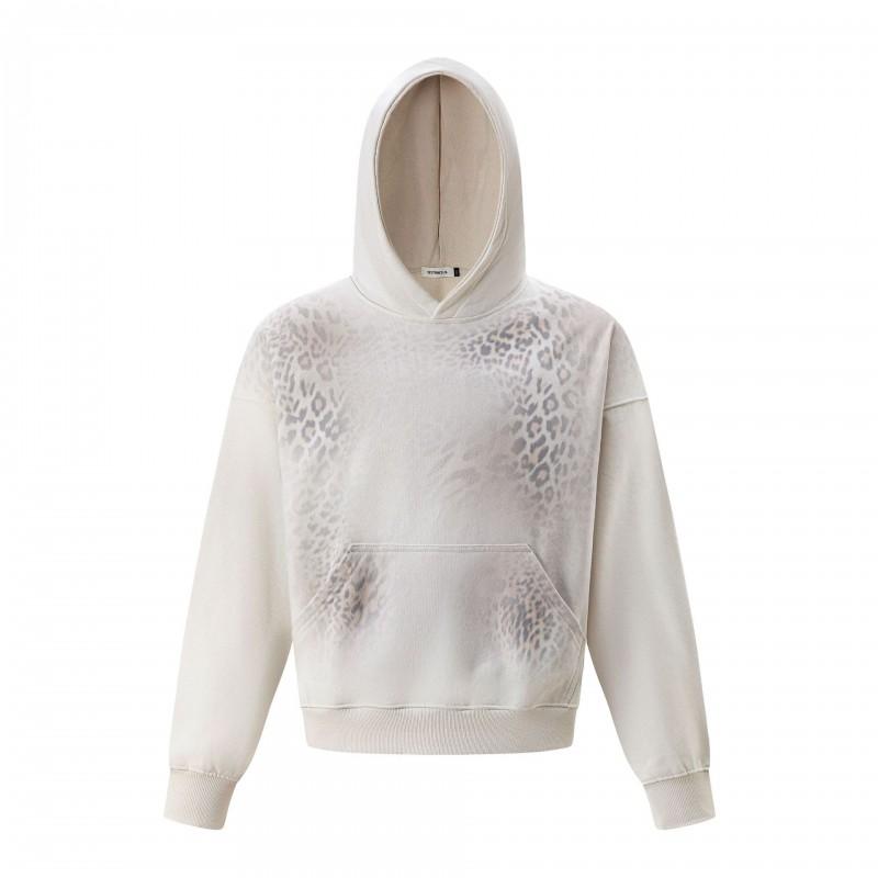 American Street Leopard Print Hoodie Loose Drop Shoulder Pullover Men Women Gradient Wash Short Sweatshirt