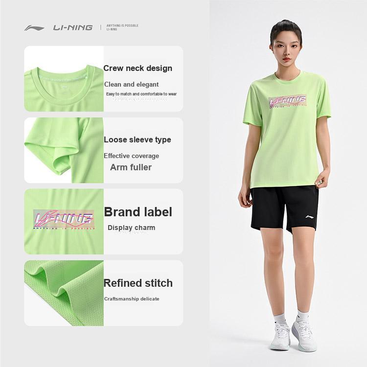 Li Ning Badminton Series Creative Logo Classic Breathable Vitality Fashion Casual Daily Sports Short Sleeve T-Shirt Unisex Tops Sky-Green ATSV627-3