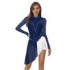 Womens Long Sleeve Skating Dress Sparkle Rhinestone Backless Irregular Hem Side Fringe Leotard Gymnastics Costume