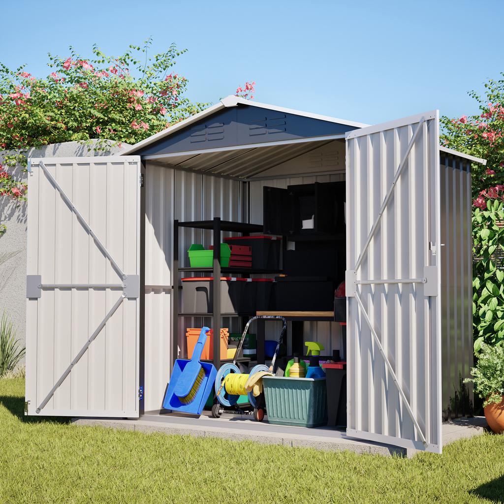 142x185cm Metal Tool Shed Garden House with Ventilation Holes, Incl. Metal Foundation, Lockable Door, Weatherproof for Garden Tools, Gray