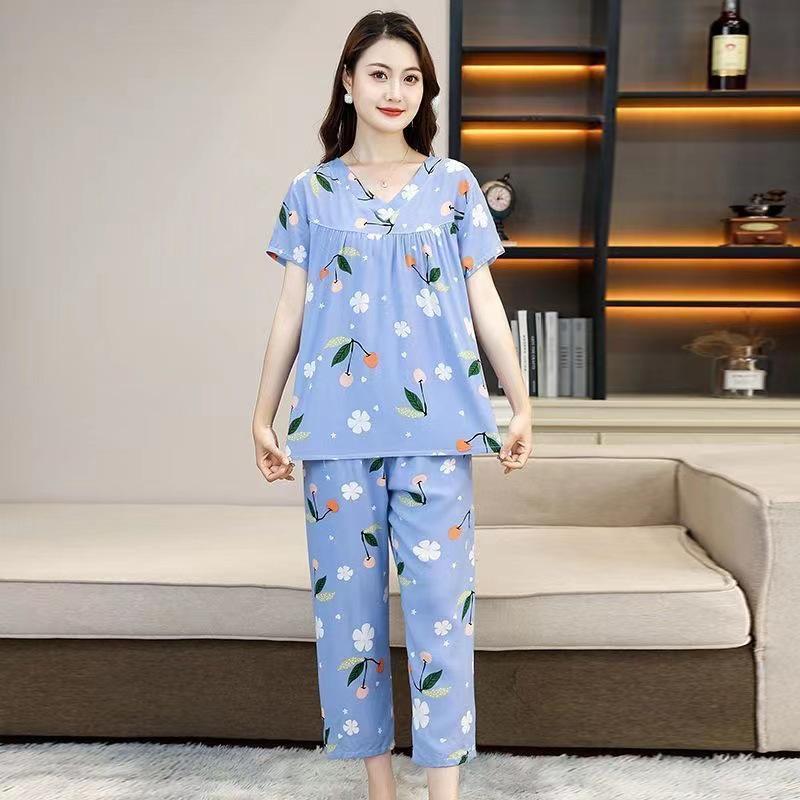 

Женский вискозный пижамный комплект: Смесь хлопка и шелка, топ с коротким рукавом, длинные брюки, идеально для среднего и пожилого возраста, летняя домашняя одежда. 5XL