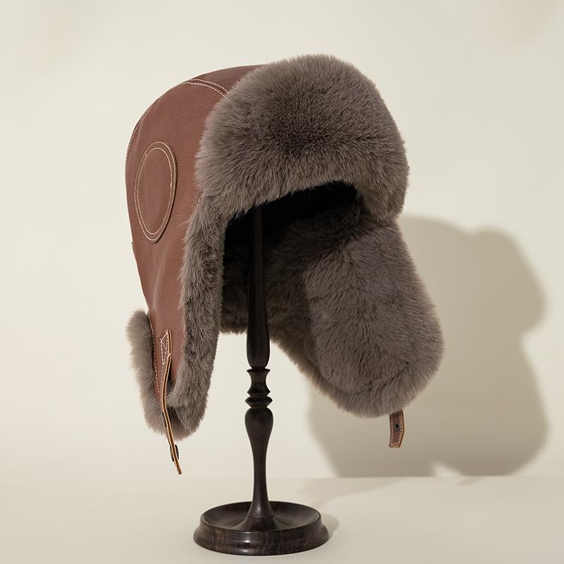 Men's Leather Lei Feng Hat Thickened Plush Ear Protector Hat Autumn and Winter Cycling Warm Electric Vehicle Windproof Snow Cold Waterproof Waterproof