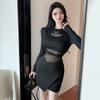French Retro Sexy Spice Girl Hollow Long-sleeved Dress Women's Spring New Slim and Thin Stacked Hip-wrapped Short Skirt