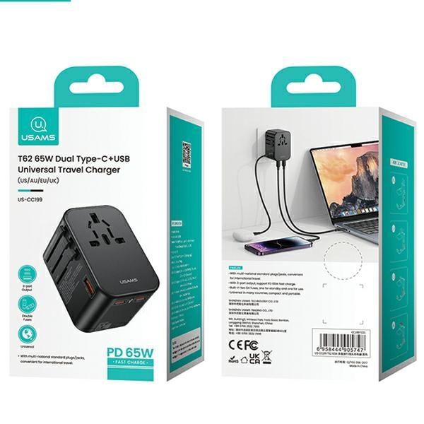 Usams Adapter Siec 1Xusb+2Xusb-C T62 65W4W1 Us/Au/Eu/Uk Czarny/Black Cc199Tc01 (Us-Cc199) Univesal Travel Charger