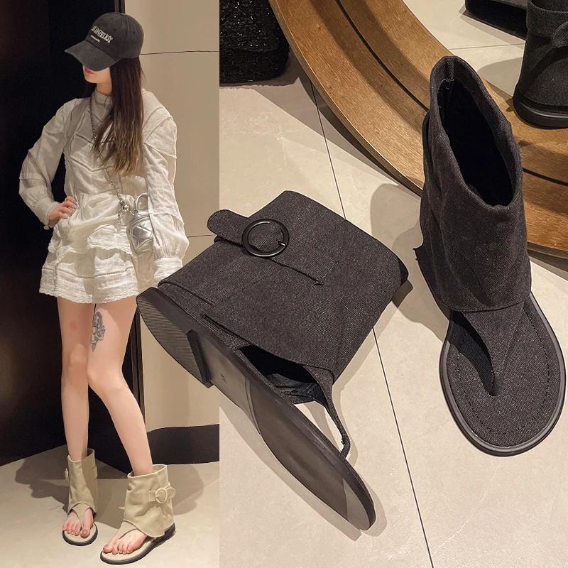 2025 New Summer Street Denim Western Boots Clip Toe Flat Bag with Herringbone Sandals Women Daily Commute Sandalias De Mujer