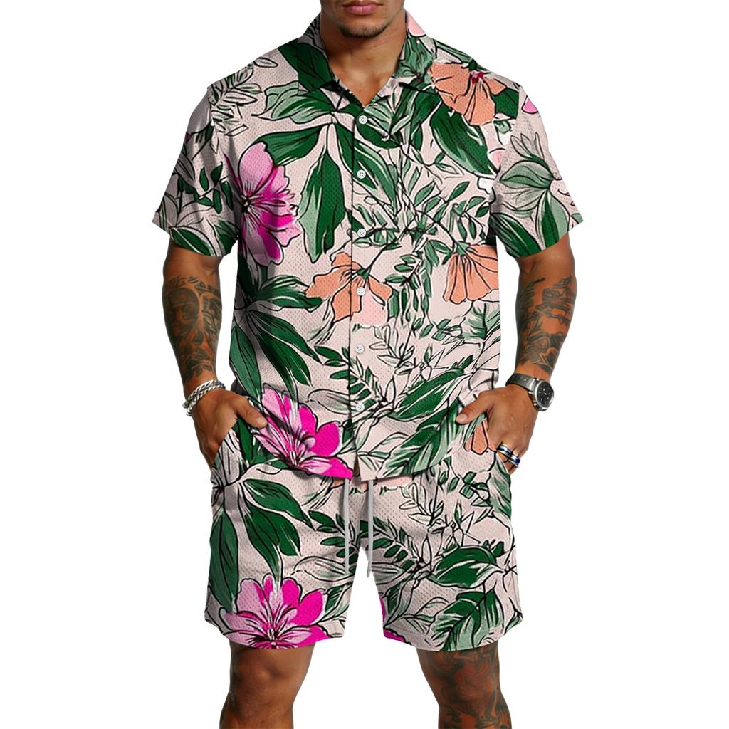 Men's Casual Printed Top and Drawstring Shorts Set Lightweight Breathable Set for Summer