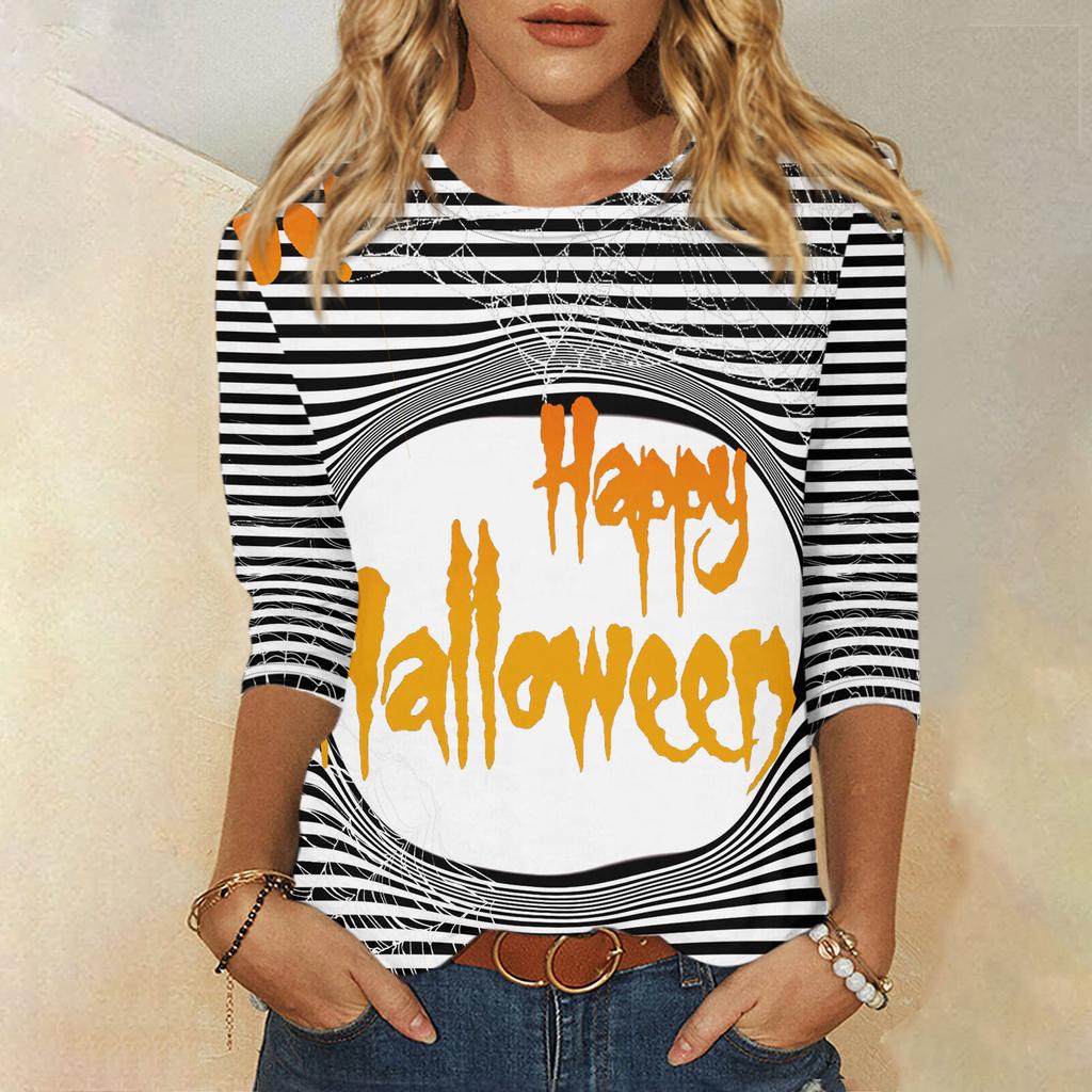 2024 New Women's Halloween Long Sleeve T-Shirt Spider Web Print Round Neck Casual Basic Loose Ladies Designer Tops