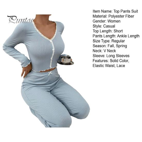 2 Adet/Takım Bahar Kadın Üst Pantolon Takım Uzun Kollu V Yaka Dantel Büzgülü Kenar Kırpılmış Üst Elastik Bel Pantolon Kıyafet Ev Giyim Pijama Takımı