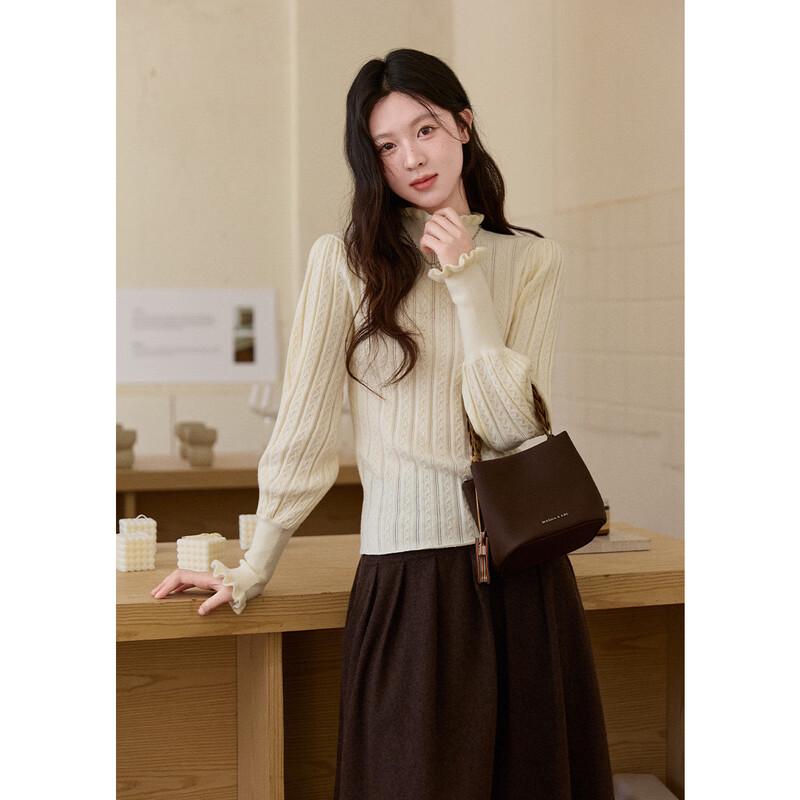 Women's Ruffle Trim Mock Neck Ribbed Knit Pullover