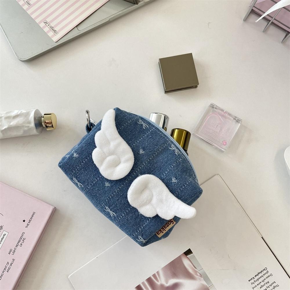 small cute Travel Makeup Case Purse Cute Angel Wings Women's Storage Bag Star Bowknot Female Denim Cosmetic Bags