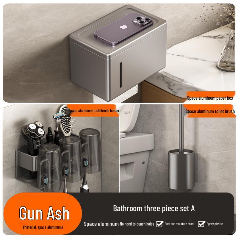 Punch-Free Wall-Mounted Gun Gray Tissue Box and Towel Holder
