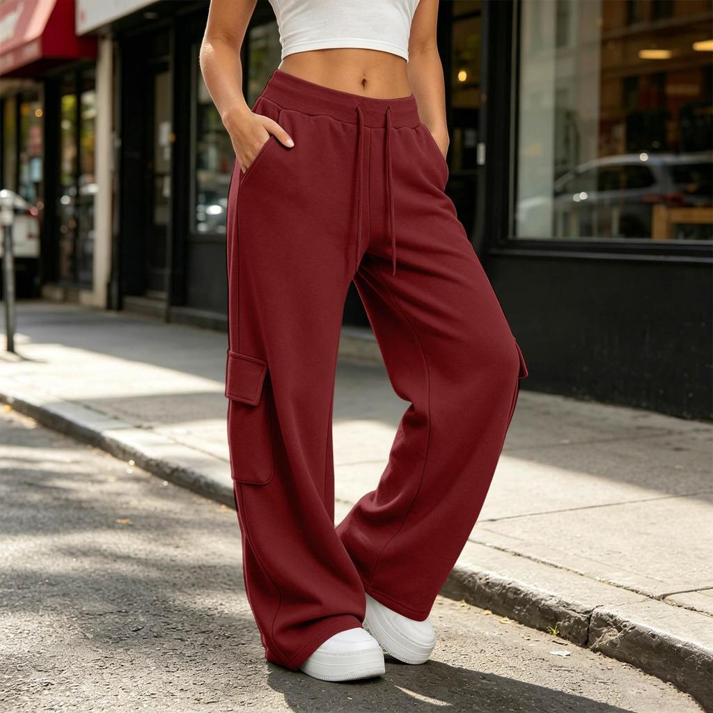 Women Casual Wide Leg Sweatpants with Pockets Drawstring Waistband Loose Fit Cargo Style Lounge Pants for Everyday Wear