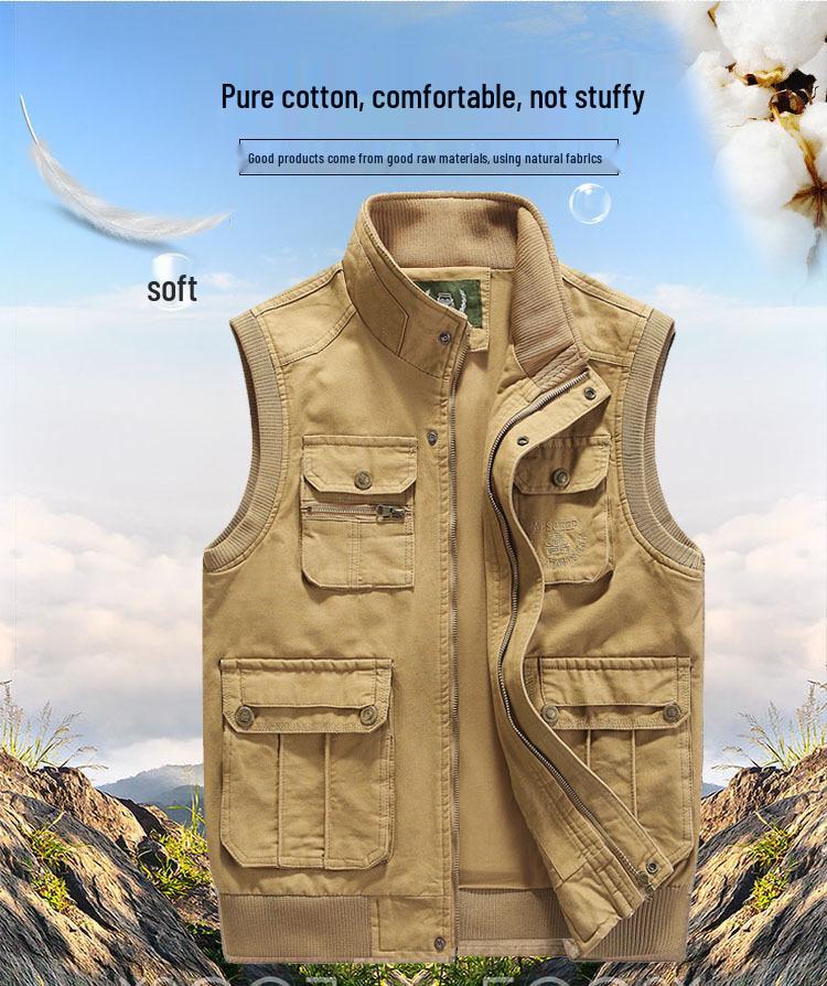 Jidengpu Men's Casual Multi-Pocket Cotton Vest - Spring & Autumn Outerwear
