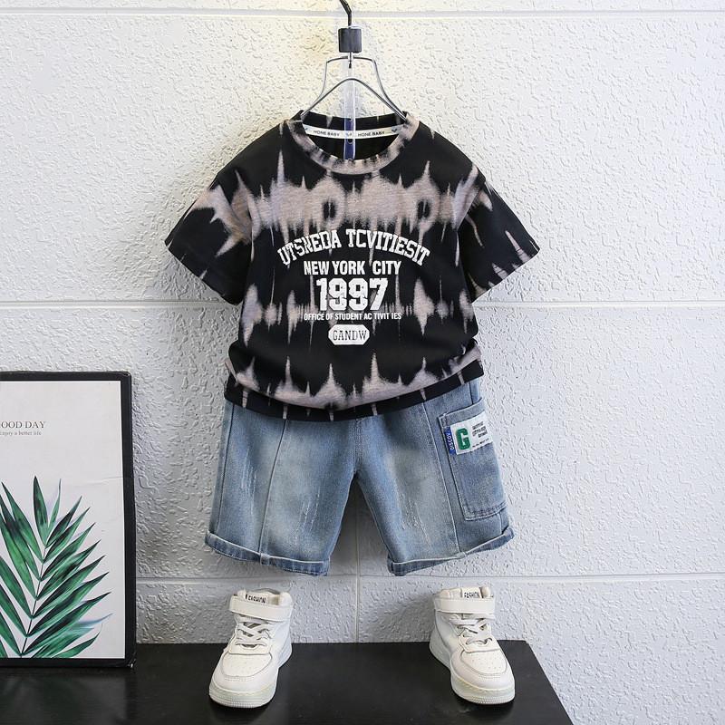 Trendy Boys Summer Short Sleeve Outfit With Stylish Denim Shorts For Kids 3 To 8 Years Old