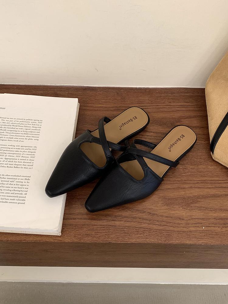 Summer Outside Slides Mules Pointed Toe Woman Slippers Leather Shoes for Women 2025 Black Sandals Flat Heel Korea Style Mujer
