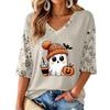 Women's V-Neck Halloween Print Casual Three-Quarter Sleeve Top