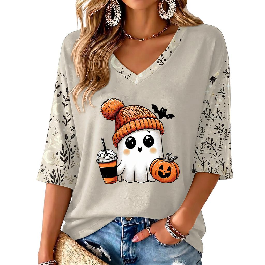 Women's V-Neck Halloween Print Casual Three-Quarter Sleeve Top