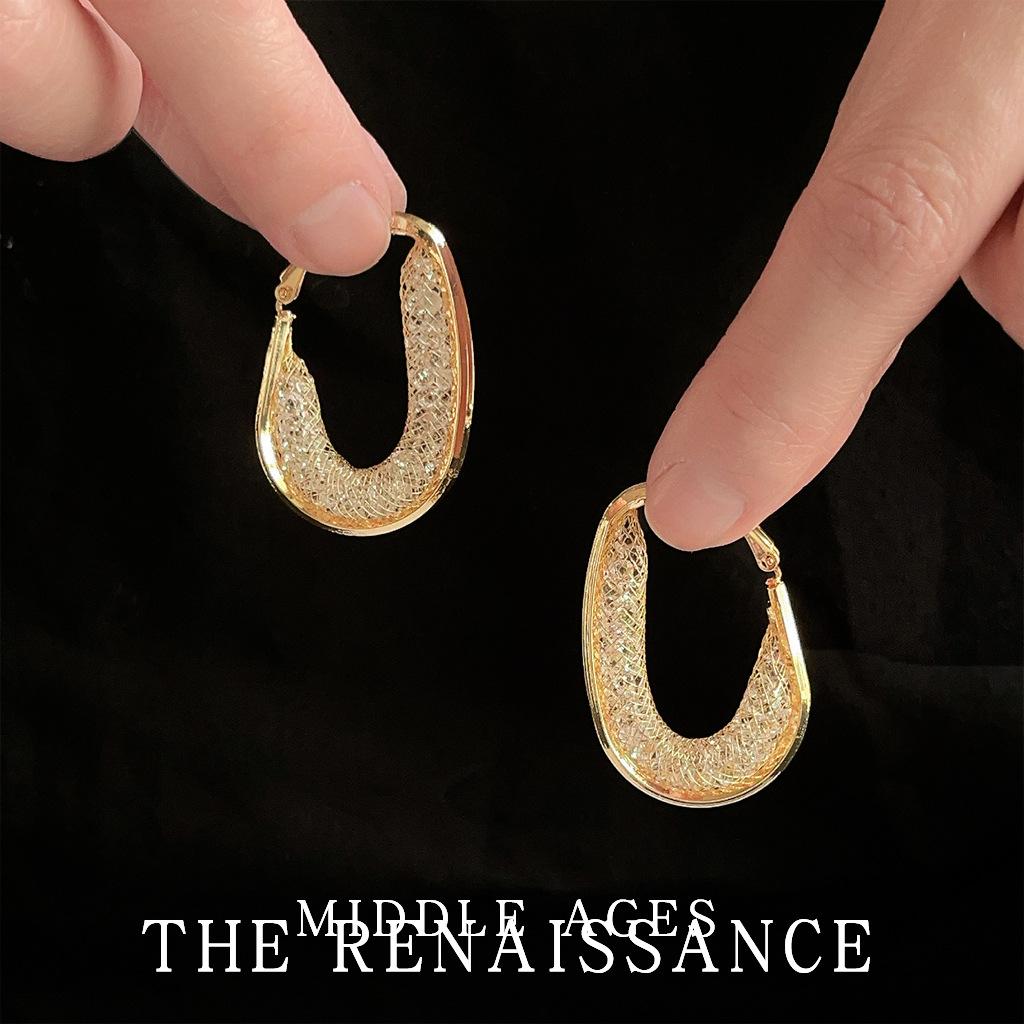 Oval hollow mesh zircon earrings French court style earrings