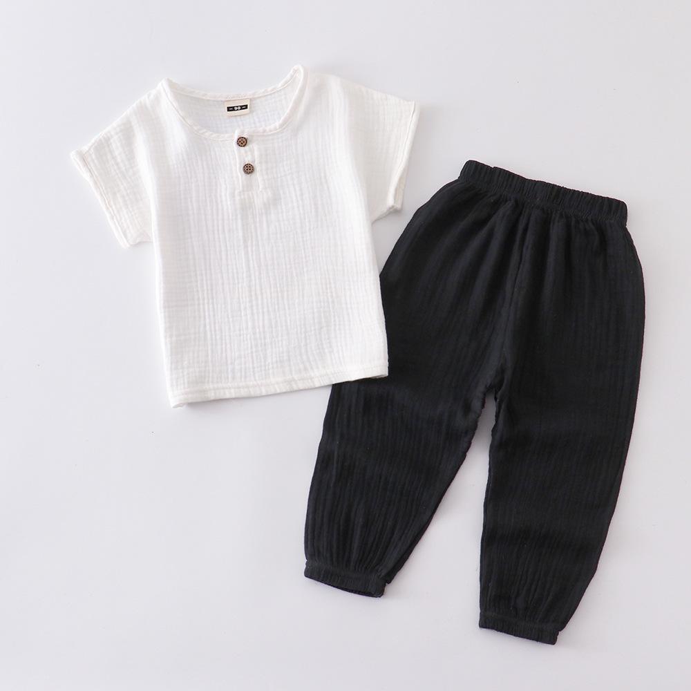Kids' Summer Cotton Linen Two-Piece Set - Short Sleeve Top & Joggers
